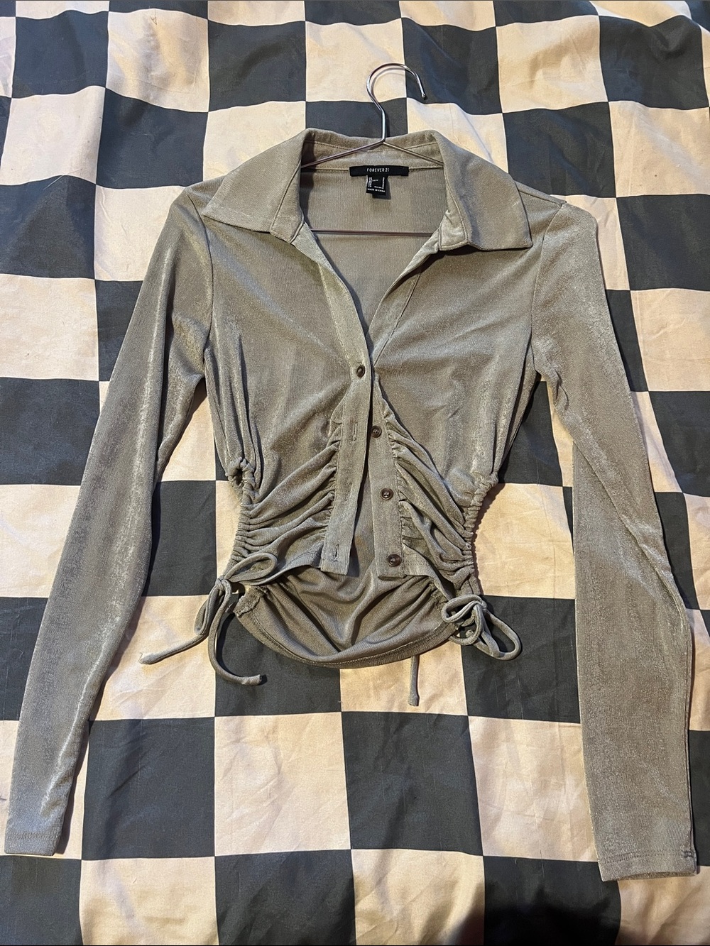 Forever 21 Ruched Long-Sleeve Shimmer Button-Up Jacket - Olive